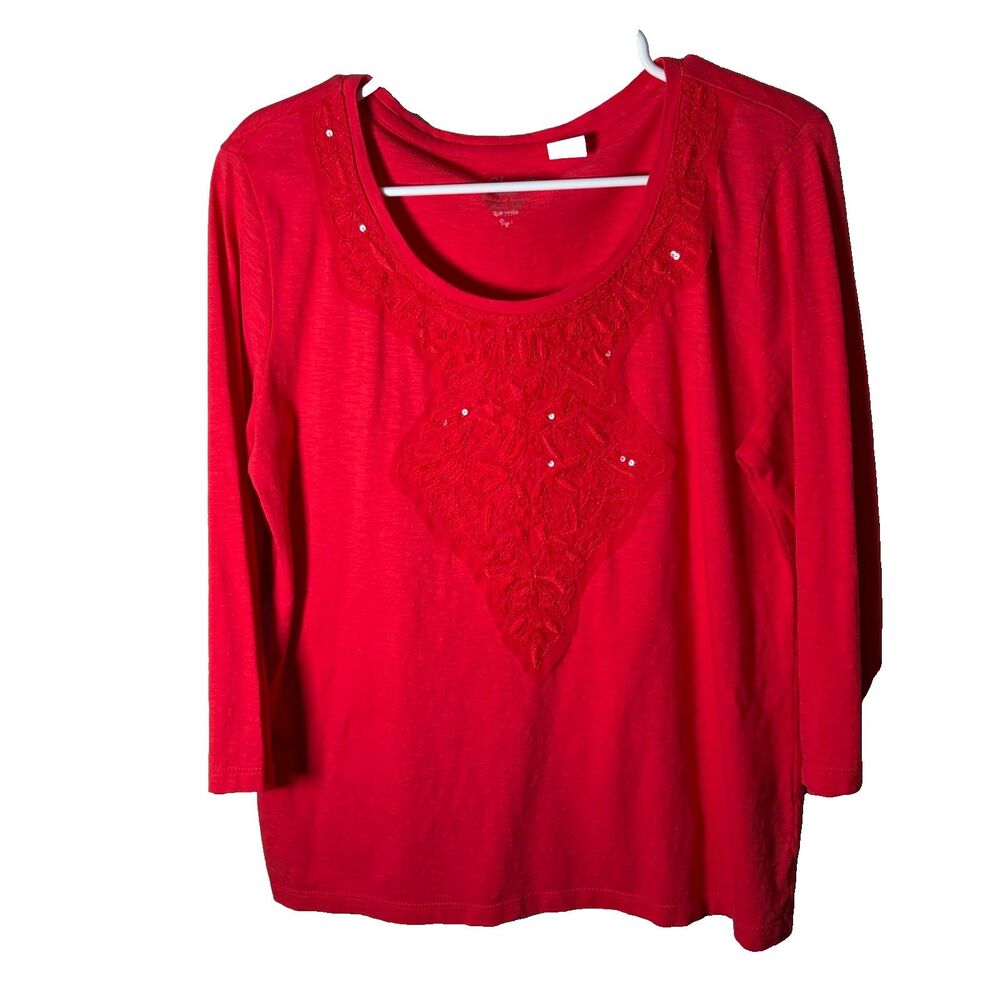 by Chico's T-Shirt Women's 1 Medium Red Sequin 3/4 Sleeve Round Neck Cotton Top